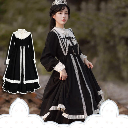 【7日内出荷】シスター風 ロリータワンピース 長袖ワンピース ロリータドレス lolita 付け襟付き レース フリル 甘ロリ 可愛い 原宿 レディース ガーリー 春秋冬
