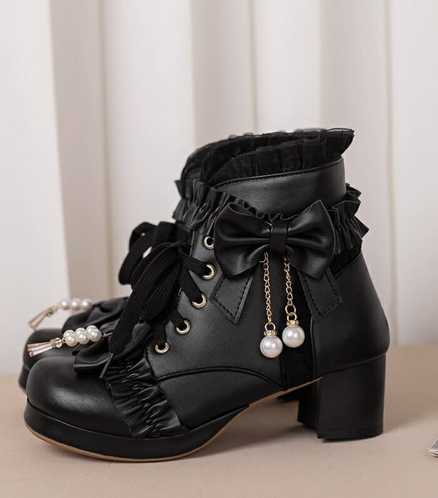 【5cm ヒール】厚底ブーツ ロリータ ブーツ レディース ショートブーツ 編み上げブーツ 甘ロリ お姫様 森ガール ロリィタ靴 レース リボン パール 5cm 太ヒール 歩きやすい 痛くない サイドジップ おしゃれ かわいい お茶会 コスプレ 黒 ピンク 白 秋冬