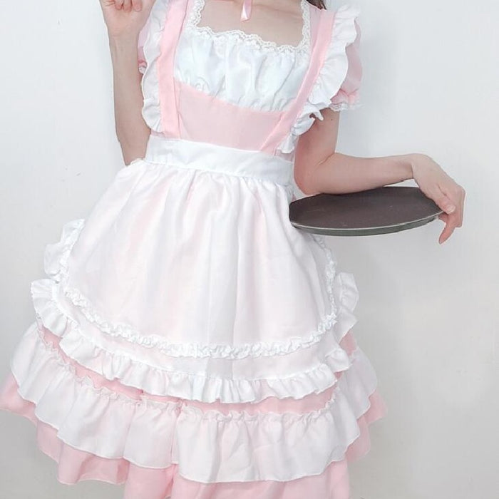 【7日内出荷】4点セット メイド服 ミニ丈 メイド喫茶 メイドコスチューム ジャパニーズメイド lolitaメイド服 セット ミニスカ ハロウィン  衣装 仮装 パーティ コスプレ ウェイトレス