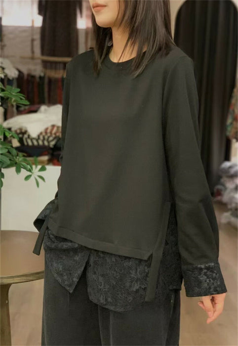 【7日内出荷】レイヤード ロンT レース 袖 裾 レースインナー トップス レディース レース レイヤードトップス 長袖 Tシャツ カットソー インナー チュニック 無地 透け 肌着 重ね着 きれいめ 大きいサイズ 体型カバー お尻が隠れる 厚手 白 黒 秋 冬