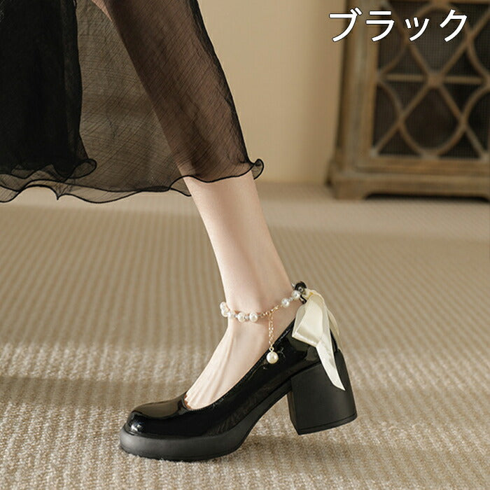 【7日内出荷】【7cmヒール】パンプス パール レディース 太ヒール リボン ウェディング メリージェーン ストラップ 痛くない 歩きやすい 疲れない エナメル 厚底 パーティー お呼ばれ 二次会 入学式 卒業式 おしゃれ  安定感 美脚 白 黒 23.0-25.0cm