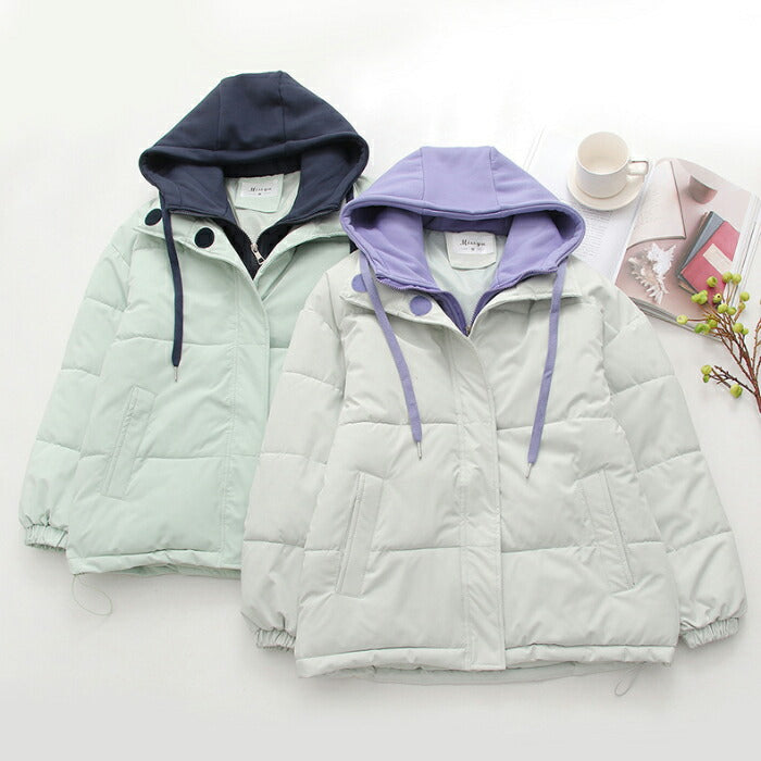 【7日内出荷】中綿ジャケット レディース レイヤード風 アウター 中綿コート 秋冬 ジャケット ダウンジャケット ブルゾン パーカー フード付き バイカラー 韓国 きれいめ カジュアル 大人可愛い ゆったり 体型カバー 高見え おしゃれ 暖かい 防寒 軽量
