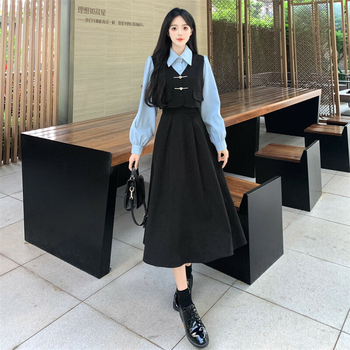 【7日内出荷】ワンピース ロングワンピース 切り替えワンピース Aライン ワンピ ロングワンピ ロング マキシワンピース 襟 無地 きれいめ シンプル マキシ レイヤード風 長袖 大きいサイズ 襟付き重ね着風 秋 冬