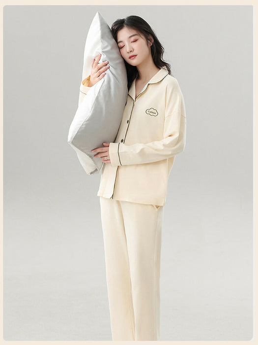 【7日内出荷】【2点セット】 ペア パジャマ レディース メンズ カップル ペアルック ルームウェア 上下セット 杏色 青色 綿100% コットン 長袖 寝巻き 部屋着 男性 女性 大人 おしゃれ ゆったり 春秋 春夏 秋冬 外出用 入院 上品 前開き 折り襟 ポケット付き 長ズボン ゴムウエスト