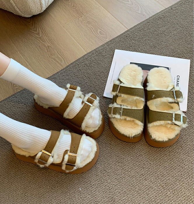 【7日内出荷】【5cmヒール】サンダル 厚底 ファーサンダル レディース もこもこ 5cmヒール 歩きやすい つっかけ ダブルベルト 防寒 暖かい 痛くない 疲れにくい 美脚効果 身長アップ きれいめ 外履き 冬用サンダル 秋冬 おしゃれ ルームシューズ ブラウン グリーン