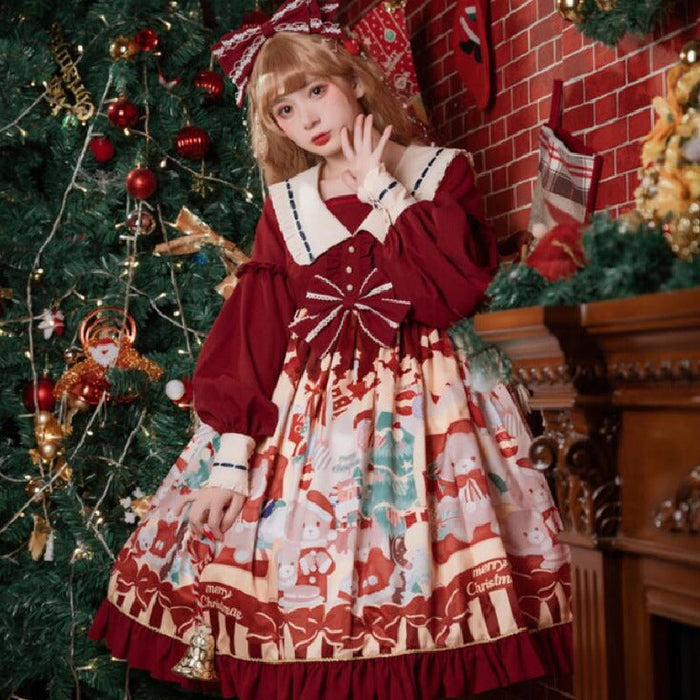 ロリータ ワンピース ゴスロリ ロリータ ドレス 長袖 レディース 女子 可愛い ロリィタ ワンピース クリスマス コスプレ衣装 コスチューム 仮装 リボン lolita 衣装 ゴシック&ロリータ お姫様 ドレス マリン風 ミモレ丈 裾フリル ワインレッド S M L XL
