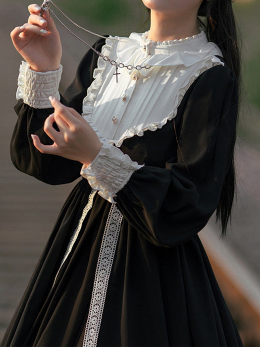 【7日内出荷】シスター風 ロリータワンピース 長袖ワンピース ロリータドレス lolita 付け襟付き レース フリル 甘ロリ 可愛い 原宿 レディース ガーリー 春秋冬