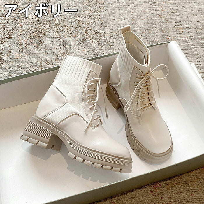 【9CMヒール】ブーツ レディース ショートブーツ レースアップブーツ ソックスブーツ 編み上げブーツ ニット 厚底 9CMヒール インヒール 2CM 秋ブーツ 歩きやすい 柔らかい チャンキーヒール 防寒 通勤 通学 学生 カジュアル 小さいサイズ 秋冬 黒 白