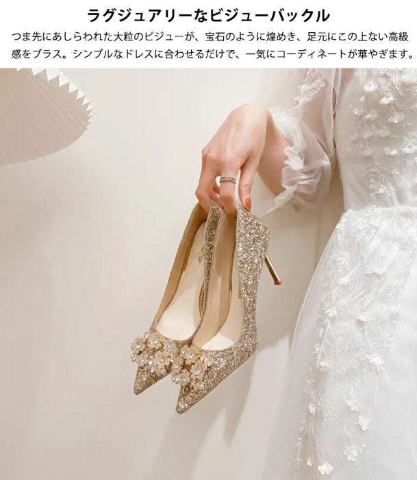 【7日内出荷】【6cm~8cmヒール】ウェディングシューズ パンプス 結婚式 痛くない ハイヒール ピンヒール ビジュー バックル キラキラ グリッター ポインテッドトゥ パーティー 二次会 披露宴 花嫁 ブライダルシューズ お呼ばれ レディース 美脚 脚長 ゴールド