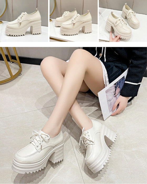 【7日内出荷】【10cmヒール】オックスフォードシューズ 厚底シューズ レディース 厚底 チャンキーヒール 太ヒール Uチップ 革靴 レザー 合皮 シャーク 歩きやすい 疲れにくい 美脚 脚長 おしゃれ 学生 通学 通勤 黒 オフホワイト ベージュ 秋冬 シューズ