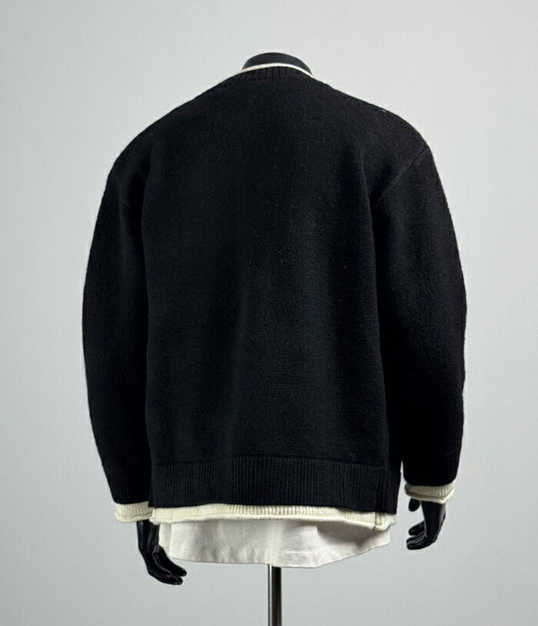 ニットジャケット メンズ 秋冬 カーディガン 厚手 スタンドカラー ニットブルゾン アウター トップス レイヤード風 重ね着風 ボタンフロント 長袖 ゆったり ビッグシルエット カジュアル シンプル 無地 おしゃれ かっこいい 男性 グレー 黒