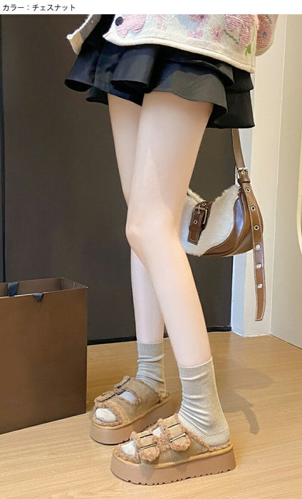 【7日内出荷】【 5cmヒール】厚底ボアサンダル レディース ファーサンダル ボア もこもこ 5cmヒール 歩きやすい つっかけ 暖かい 冬用サンダル 防寒 痛くない ダブルベルト 秋冬ルームシューズ 外履き 室内履き オフィス 20代 30代 シューズ 靴 ブラウン グレージュ