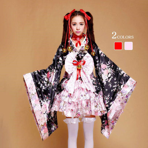 【6点セット】和風メイド服 ミニ丈 メイド喫茶 メイドコスチューム ジャパニーズメイド lolita ミニスカ ハロウィン 衣装 仮装 パーティ コスプレ フルセット 可愛い 萌え