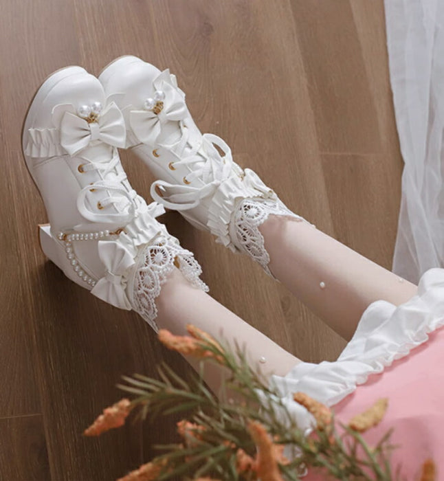 【5cmヒール】ロリータ ブーツ レディース ショートブーツ 甘ロリ お姫様 森ガール ロリィタ靴 レース リボン パール  チャンキーヒール 歩きやすい 疲れない 痛くない サイドジップ おしゃれ かわいい お茶会 コスプレ 発表会 黒 ピンク 白 秋冬