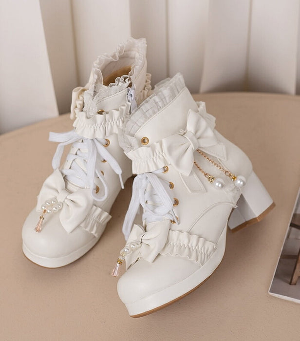 【5cm ヒール】厚底ブーツ ロリータ ブーツ レディース ショートブーツ 編み上げブーツ 甘ロリ お姫様 森ガール ロリィタ靴 レース リボン パール 5cm 太ヒール 歩きやすい 痛くない サイドジップ おしゃれ かわいい お茶会 コスプレ 黒 ピンク 白 秋冬