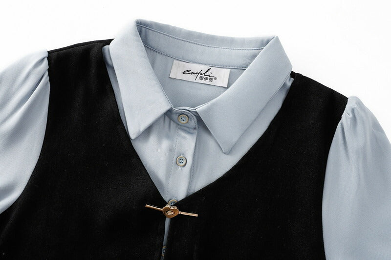 【7日内出荷】ワンピース ロングワンピース 切り替えワンピース Aライン ワンピ ロングワンピ ロング マキシワンピース 襟 無地 きれいめ シンプル マキシ レイヤード風 長袖 大きいサイズ 襟付き重ね着風 秋 冬