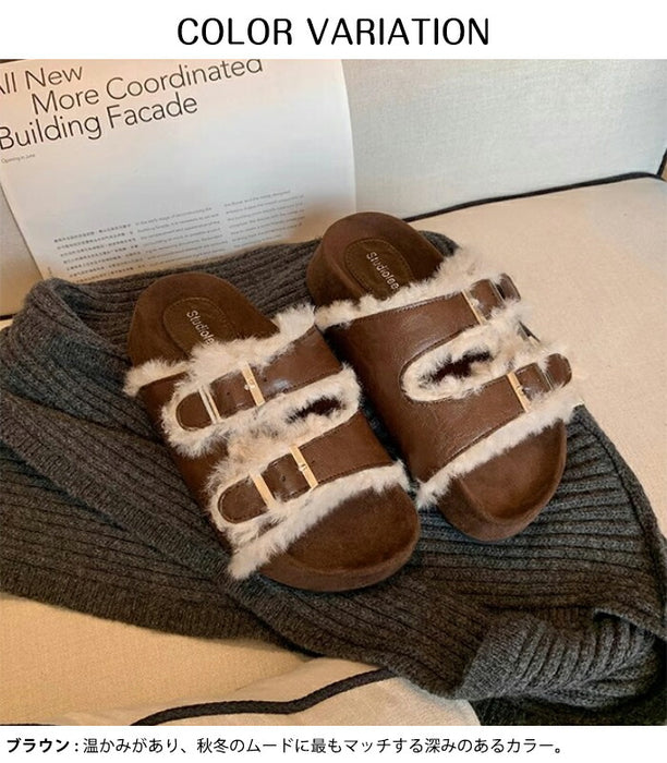 【7日内出荷】【4cmヒール】サンダル 厚底 ファーサンダル レディース ボアサンダル 冬用 4cmヒール もこもこ 歩きやすい 暖かい 冬用サンダル 痛くない 疲れにくい 美脚 ダブルベルト レザー調 合皮 おしゃれ ルームシューズ 室内履き 20代 30代 靴 防寒 黒 茶 白
