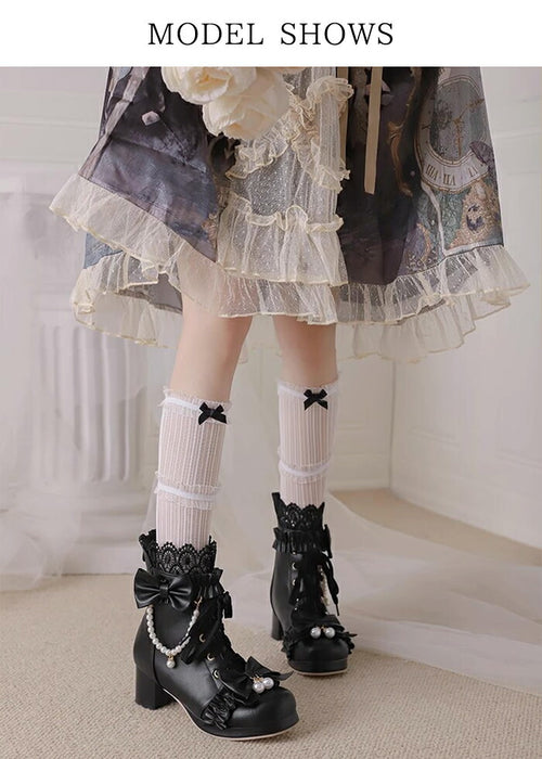 【5cmヒール】ロリータ ブーツ レディース ショートブーツ 甘ロリ お姫様 森ガール ロリィタ靴 レース リボン パール  チャンキーヒール 歩きやすい 疲れない 痛くない サイドジップ おしゃれ かわいい お茶会 コスプレ 発表会 黒 ピンク 白 秋冬