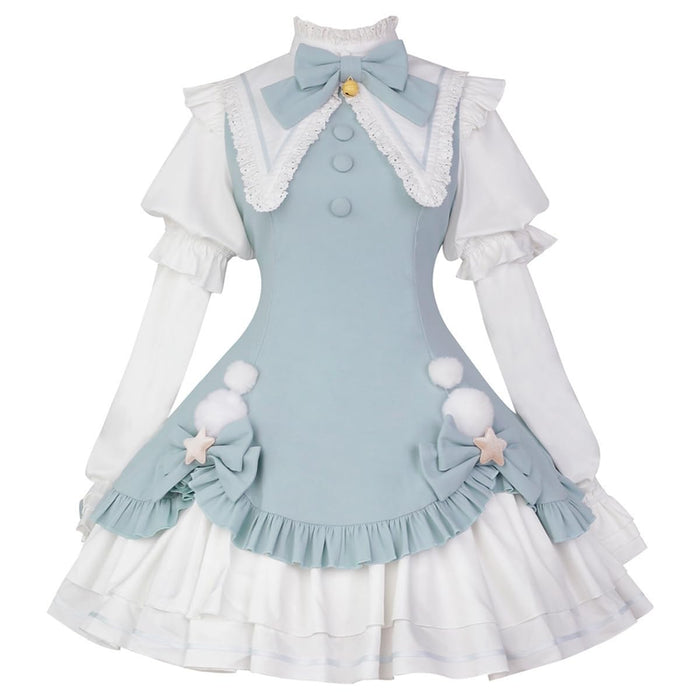 lolita ワンピース 姫 蝶結び鈴 ゴスロリ 女の子 ガールズ フリル ペプラムスカート レース 姫袖 森ガール お姫様 長袖 ロリータ風 女装 可愛い 大きいリボン 茶話会 仮装 クリスマス