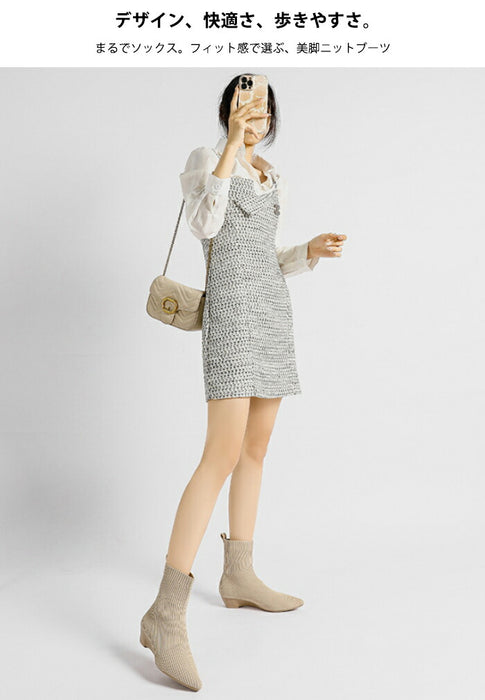 【7日内出荷】【3.5cmヒール】ソックスブーツ レディース ニット ショートブーツ 痛くない 歩きやすい ストレッチブーツ ポインテッドトゥ ローヒール ウェッジソール 3.5cm 美脚 疲れない 軽量 柔らかい フィット感 オフィス 通勤 きれいめ バイカラー 秋冬 春