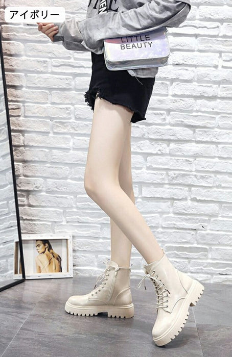 【4cmヒール】ショートブーツ レディース ダンスシューズ 歩きやすい レースアップ 編み上げ ミドル丈 韓国 厚底 4cm ローヒール 歩きやすい 痛くない 疲れない サイドジップ 防寒 卒業式 発表会 学生 女子 アイドル カジュアル 秋冬 黒 アイボリー