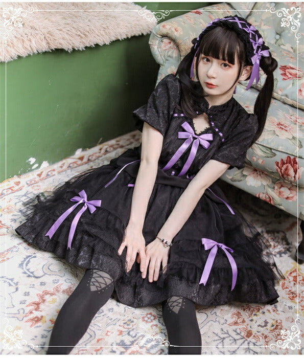 【7日内出荷】ロリータワンピース ホワイト 白 レディース lolita リボン ロリータ 袖付き 膝丈 小柄 可愛い 着瘦せ 仮装 コスプレ コスチューム 小柄 可愛い 学生 女の子 ゴスロリ  仮装 パーティ イベント ロリィタファッション フリル
