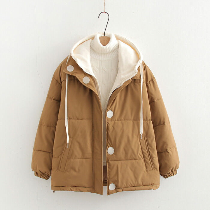 【7日内出荷】中綿ジャケット レディース レイヤード風 アウター 中綿コート 秋冬 ジャケット ダウンジャケット ブルゾン パーカー フード付き バイカラー 韓国 きれいめ カジュアル 大人可愛い ゆったり 体型カバー 高見え おしゃれ 暖かい 防寒 軽量