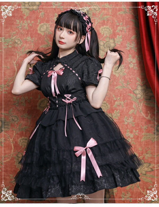 【7日内出荷】ロリータワンピース ホワイト 白 レディース lolita リボン ロリータ 袖付き 膝丈 小柄 可愛い 着瘦せ 仮装 コスプレ コスチューム 小柄 可愛い 学生 女の子 ゴスロリ  仮装 パーティ イベント ロリィタファッション フリル