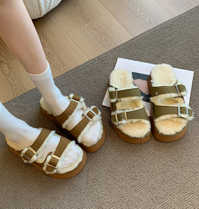 【7日内出荷】【5cmヒール】サンダル 厚底 ファーサンダル レディース もこもこ 5cmヒール 歩きやすい つっかけ ダブルベルト 防寒 暖かい 痛くない 疲れにくい 美脚効果 身長アップ きれいめ 外履き 冬用サンダル 秋冬 おしゃれ ルームシューズ ブラウン グリーン