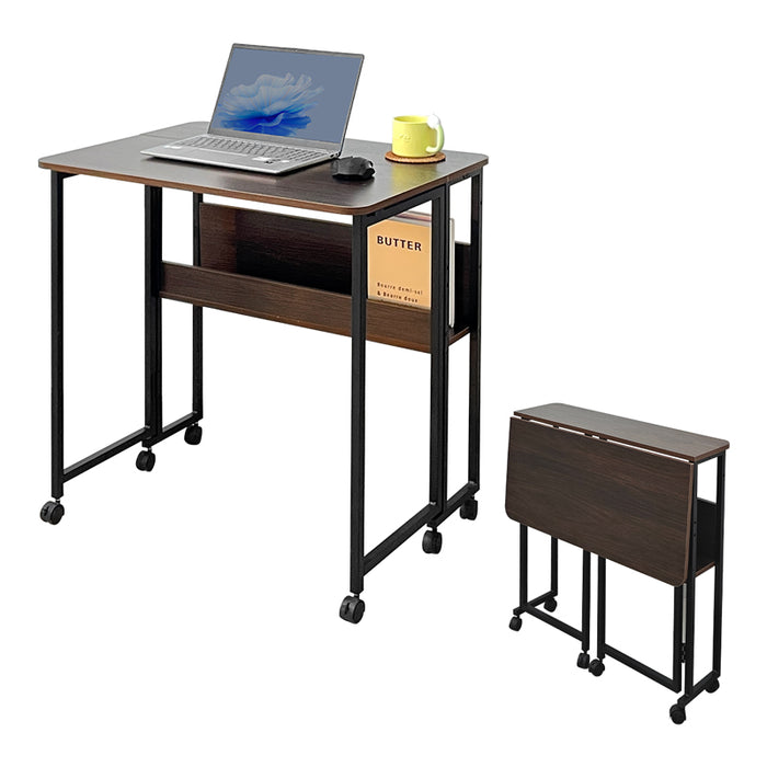 RAKU 折りたたみデスク パソコンデスク 木製 キャスター 収納付き 棚 幅80 モニターアーム取付可能 省スペース コンパクト スリム W80×D59×H79.5cm 学生 子供 勉強机 折りたたみテーブル  デスク サイドテーブル pcデスク 学習机