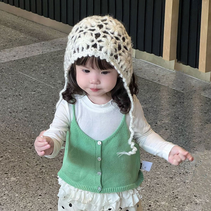 【7日内出荷】ニット ボンネット ベビー 帽子 ナチュラル ベビー服 女の子 透かし編み スカラップ ボンネット 冬 花 ひも  無地  防寒 お出掛け  おしゃれ 韓国子供服   あご紐 祝い 出産祝い プレゼント 記念撮影 写真  お宮参り セレモニー フード