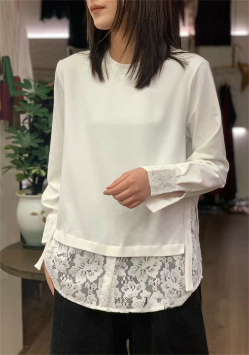 【7日内出荷】レイヤード ロンT レース 袖 裾 レースインナー トップス レディース レース レイヤードトップス 長袖 Tシャツ カットソー インナー チュニック 無地 透け 肌着 重ね着 きれいめ 大きいサイズ 体型カバー お尻が隠れる 厚手 白 黒 秋 冬