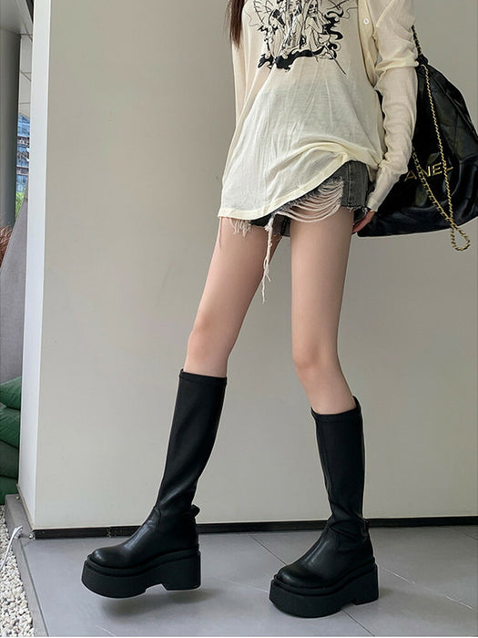 【7日内出荷】黒色 ロングブーツ ショートブーツ 厚底 8cm 太ヒール レディース ブーツ ストレッチブーツ 中学生 高校生 学生 大人 美脚 ストレッチ PU 合皮 ロング丈 ショート丈 シンプル 春秋 秋冬 通学 通勤 靴 歩きやすい 疲れない 滑りにくい サイズ 22.5cm 23cm 23.5cm 24cm 24.5cm