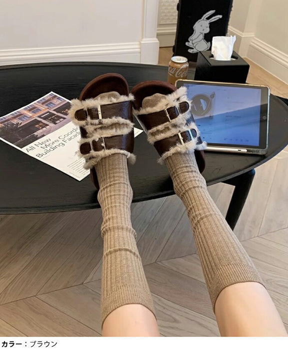 【7日内出荷】【4cmヒール】サンダル 厚底 ファーサンダル レディース ボアサンダル 冬用 4cmヒール もこもこ 歩きやすい 暖かい 冬用サンダル 痛くない 疲れにくい 美脚 ダブルベルト レザー調 合皮 おしゃれ ルームシューズ 室内履き 20代 30代 靴 防寒 黒 茶 白