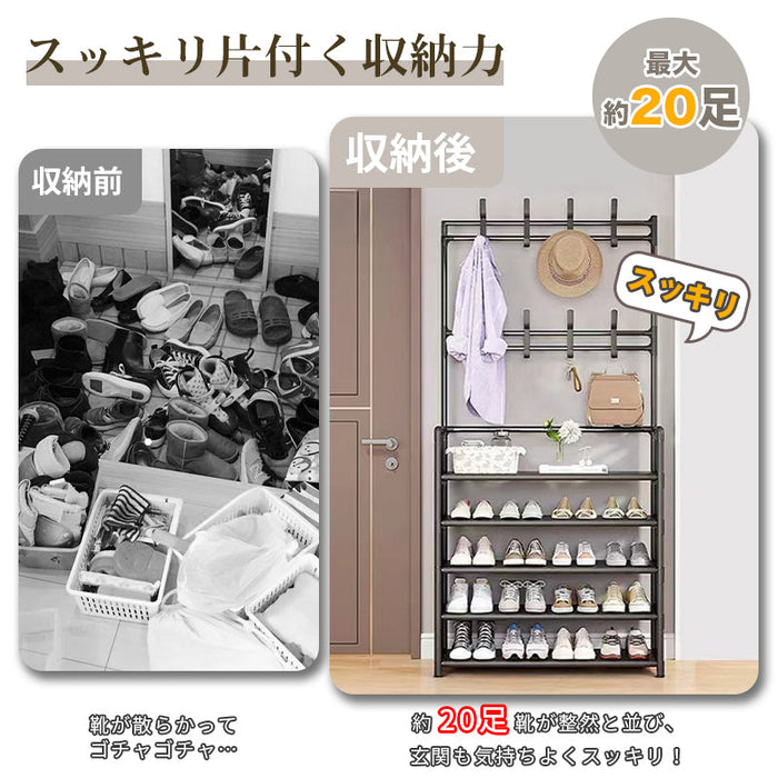 RAKU シューズラック スリム 玄関収納 省スペース 5段 靴棚 収納ラック フック付き 大容量 帽子 服掛け 多機能ハンガーラック おしゃれ ホワイト ブラック 2色