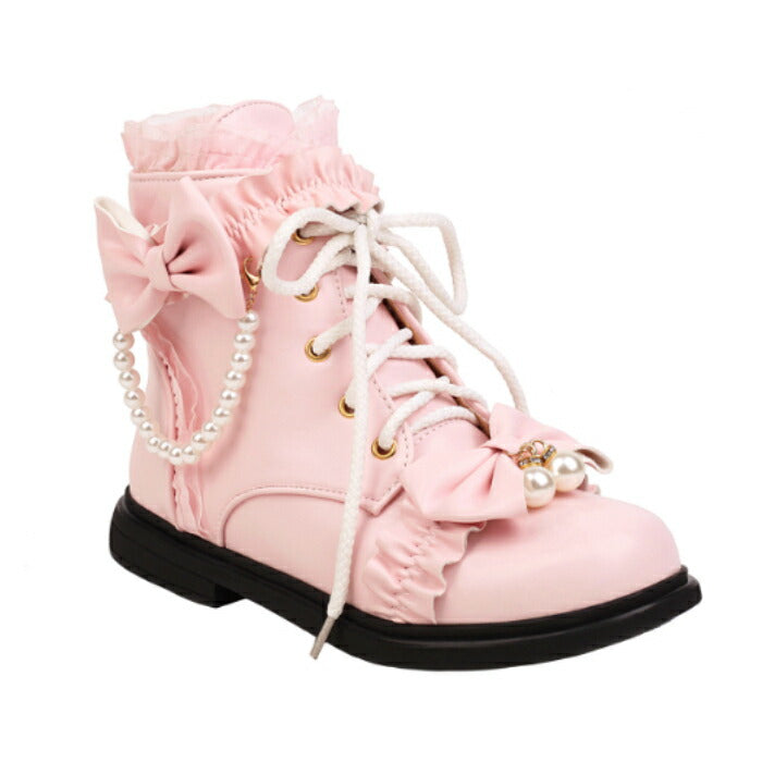 【2cmヒール】ロリータ ブーツ レディース ショートブーツ 編み上げブーツ ローヒール 甘ロリ お姫様 森ガール ロリィタ靴 レース リボン パール 歩きやすい 疲れない サイドジップ おしゃれ かわいい お茶会 コスプレ 発表会 黒 ピンク 白 秋冬