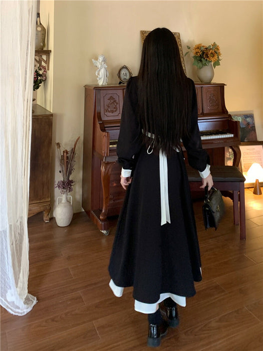 【7日内出荷】ワンピース ロングワンピース 刺ワンピース Aライン ワンピ ロングワンピ ロング マキシワンピース vネック 無地 きれいめ マキシ レイヤード風 長袖 大きいサイズ 重ね着風 秋 冬