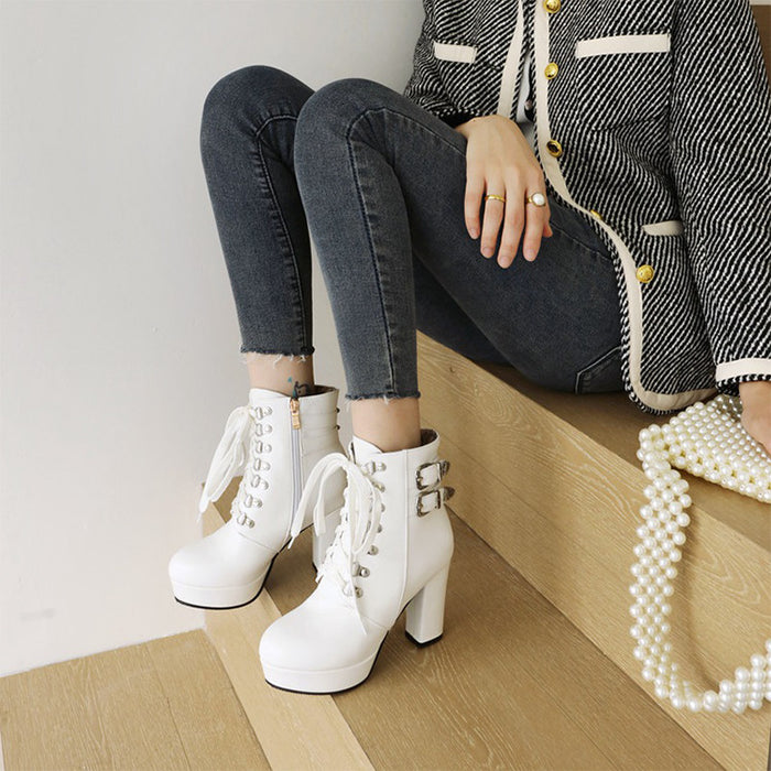 【7日内出荷】【9.5cmヒール】 ショートブーツ レディース サイドゴム レースアップ 高校生 中学生 ブーツ PU レザーシューズ コスプレ cosplay 太ヒール ハイスムース3cm 安定感 厚底 靴 ラウンドトゥ 学生 通学 美脚 大きいサイズ がルーズ グループ 人気