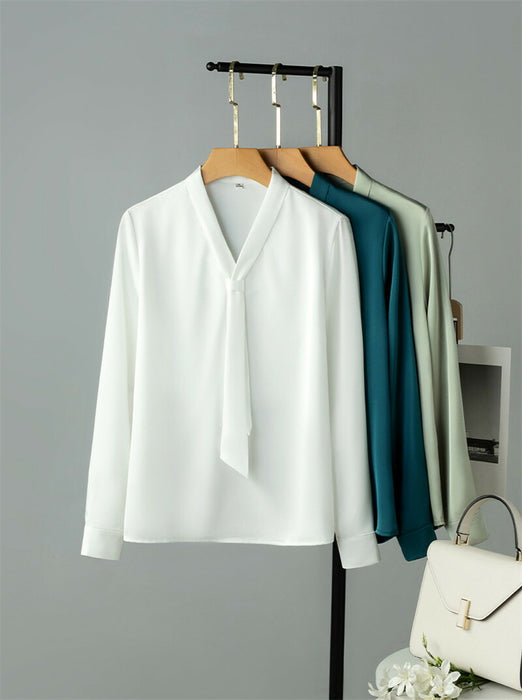【7日内出荷】ブラウス レディース オフィス ボウタイ スカーフタイ リボンタイ Vネック スーツ カットソー きれいめ 長袖 シフォン 白ブラウス 白シャツ インナー トップス オフィスカジュアル シワになりにくい イージーケア 春 夏