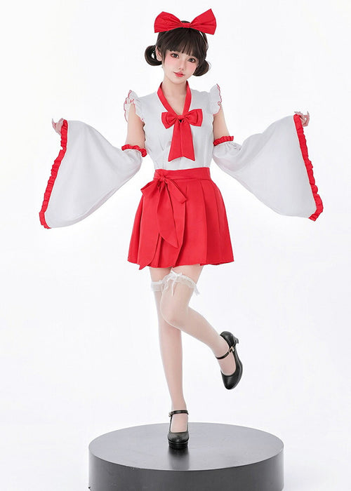 【7日内出荷】【5点セット】赤スカート 巫女 リボン コスプレ 衣装 巫女コスプレ 和服 着物 花魁 メイド服 ハロウィン衣装 ハロウィンコスプレ ハロウィン仮装 仮装 衣装 セクシー レディース 大人 女性用 こすぷれ コス 振袖 白 赤 可愛い