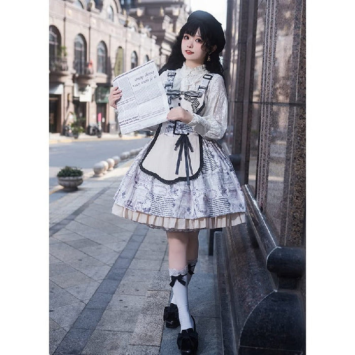 【7日内出荷】ジャンパースカート 女の子 レディース ワンピース ロリータ風 リボン付き doll感 落書き おしゃれ 蝶結び メイド服 レース 森ガール お姫様 地雷系 フリル イベント ハロウィン レトロ クラッシック系 可愛い パーティー lolita