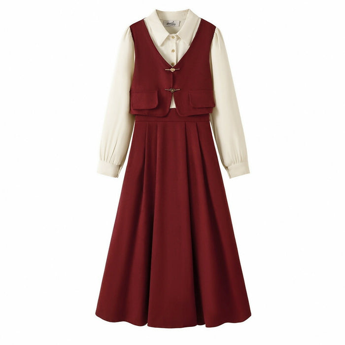 【7日内出荷】ワンピース ロングワンピース 切り替えワンピース Aライン ワンピ ロングワンピ ロング マキシワンピース 襟 無地 きれいめ シンプル マキシ レイヤード風 長袖 大きいサイズ 襟付き重ね着風 秋 冬