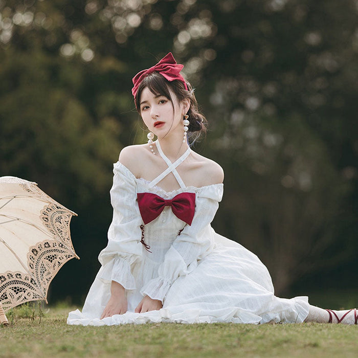 【7日内出荷】 2way仕様 赤い胸リボン ロリータワンピース ロリータドレス 甘ロリ 姫ロリ クラロリ カジュロリ 白ロリ 長袖 赤リボン 胸リボン
