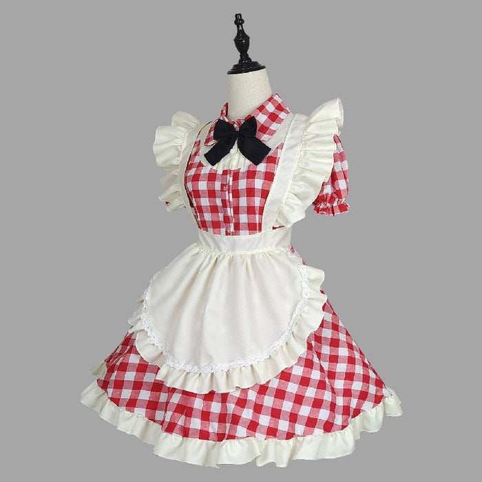【7日内出荷】4点セット　チェックメイド服 ミニ丈 メイド喫茶 メイドコスチューム ジャパニーズメイド ミニスカ ハロウィン 衣装 仮装 パーティ コスプレ フルセット 可愛い 萌え