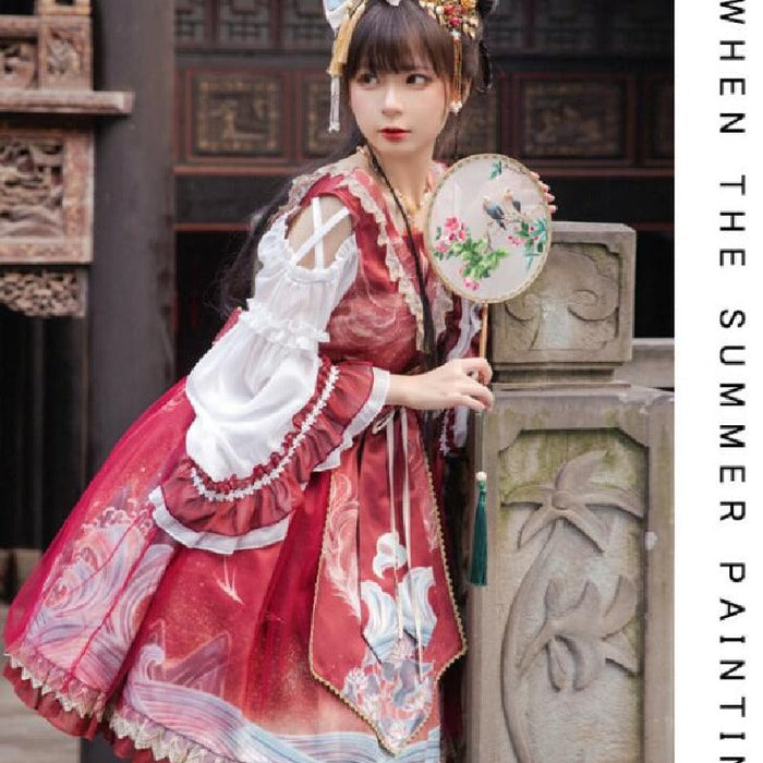 【7日内出荷】ロリータ ワンピース ゴスロリ ロリータドレス 膝丈 ロリィタ服 姫袖 お姫様ドレス 中華風 Lolita スカラップ フリル コスプレ衣装 ハロウィン コスチューム 長袖 レース チュール リボン 可愛い 学園祭 イベント 舞台衣装 撮影衣装 プリンセス ワインレッド ブルー 送料無料