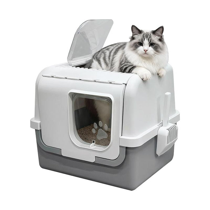 RAKU 猫トイレ ネコトイレ ダブル脱臭 砂の飛び散り防止 2WAY出入り方法 35*42*33.5cm 掃除しやすい スコップ付 大容量 優れた耐久性 猫用トイレ 上から猫トイレ