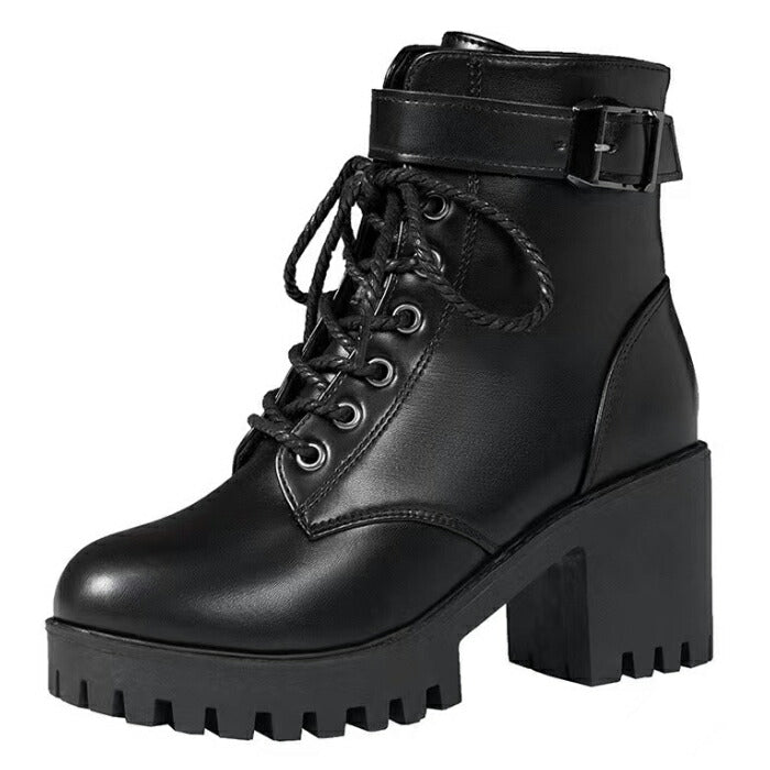 【7.5CMヒール】ブーツ レディース ショートブーツ レースアップブーツ 編み上げブーツ サイドジップ ベルト 厚底 秋ブーツ 歩きやすい 痛くない 太ヒール チャンキーヒール 防寒 通勤 通学 学生 カジュアル 大きいサイズ 秋冬 黒 ブラック