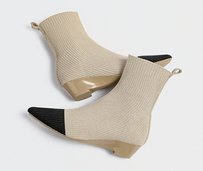 【7日内出荷】【3.5cmヒール】ソックスブーツ レディース ニット ショートブーツ 痛くない 歩きやすい ストレッチブーツ ポインテッドトゥ ローヒール ウェッジソール 3.5cm 美脚 疲れない 軽量 柔らかい フィット感 オフィス 通勤 きれいめ バイカラー 秋冬 春