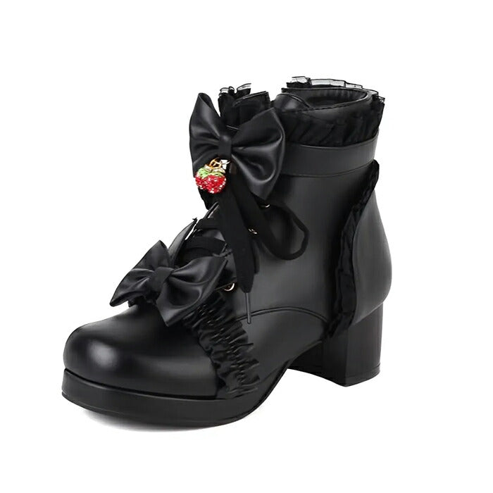 【5cmヒール】ロリータ ブーツ 厚底ブーツ レディース キッズ 子供 靴 ショート丈 編み上げブーツ お姫様 お嬢様 ロリィタ いちご リボン レース  太ヒール 歩きやすい 痛くない サイドジップ かわいい 七五三 コスプレ お茶会 発表会 黒 白 秋冬