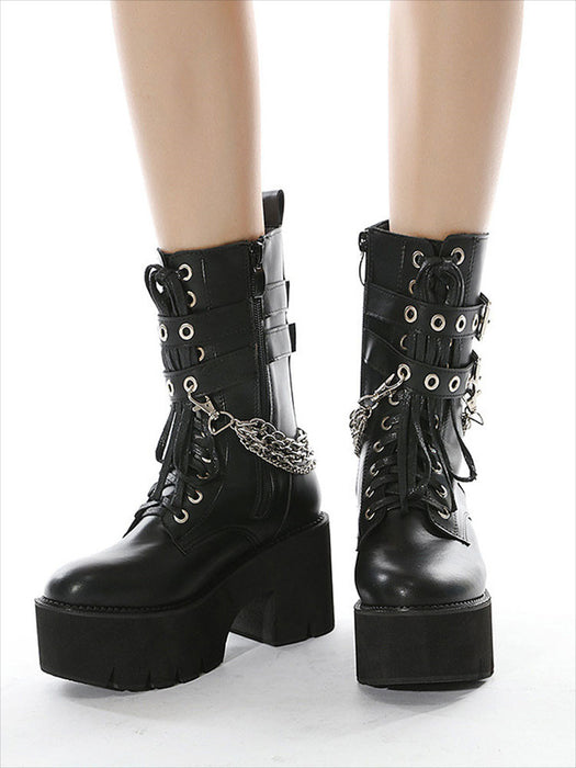 【7日内出荷】ショートブーツ レディース 厚底 レースアップブーツ チェーン付き ダンスシューズ ヒール8.5cm 秋ブーツ パンク風 カジュアル 靴 日常 通勤 おしゃれ 痛くない 履きやすい 柔らかい ゆったり ラウンドトゥ きれいめ 人気 クール 春夏秋冬 韓国 仕事 合皮 原宿系 細見え 黒